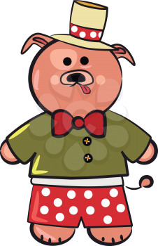 A dog is dressed up for Christmas eve with green sweater red polka dot pants & hat vector color drawing or illustration 
