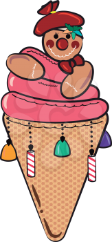 A sweet treat decorated in the shape of ice-cream cone & cookie man over it vector color drawing or illustration 