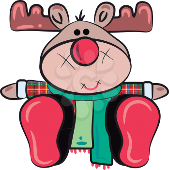 A Reno or reindeer stuffed toy in colorful costume vector color drawing or illustration 