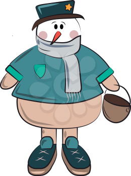 Snowman dressed in warm winter clothes holding a basket in hand vector color drawing or illustration 