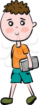 Cartoon boy with grey book vector illustration on white background.