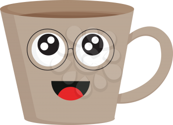 Light brown smiling coffee cup with eye glasses vector illustration on white background.