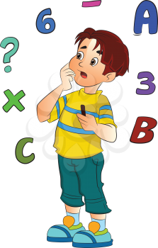 Boy Solving a Math Problem, vector illustration