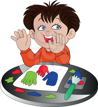 Vector illustration of boy finger painting.