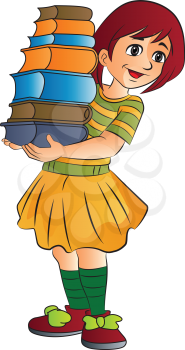 Girl Carrying a Stack of Books, vector illustration