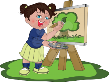 Vector illustration of little girl painting on canvas.