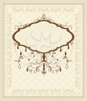 Vintage invitation card with ornate elegant retro abstract floral design, brown flowers and leaves on beige background with frame borders and chandelier plaque text label. Vector illustration.
