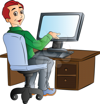Man Using a Desktop Computer, vector illustration