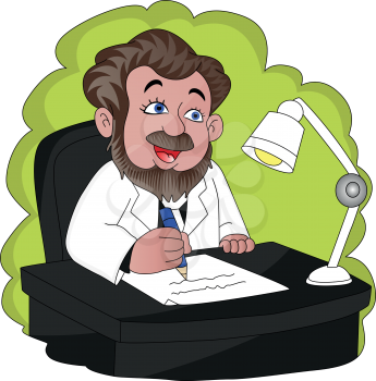 Vector illustration of a businessman writing on document at office desk.