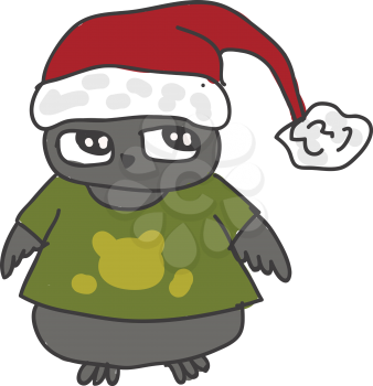 A cartoon of a gray owl wearing a green tshirt and a Santa Claus hat vector color drawing or illustration