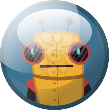 Cartoon character of yellow retro robot with big black eyes vector illustration in light blue circle on white background.