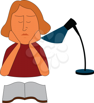Girl reading a book at a table with a table lamp  vector illustration on white background 
