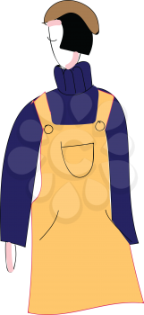 Abstract portrait of a girl in yellow overalls purple turtleneck and brown hat  vector illustration on white background 