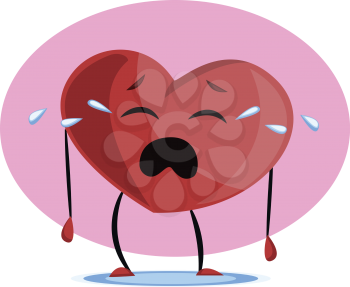 Big red heart crying vector illustration in violet circle on white background.