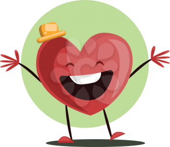 Big red heart witha yellow hat laughing with arms wide open vector illustrtation in light green circle on white background.