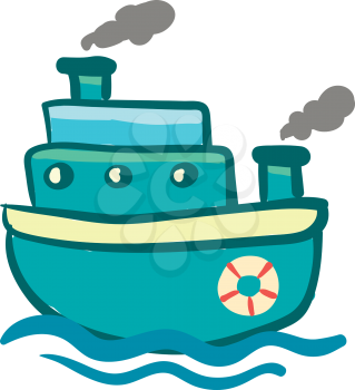 Blue triple storied steam ship with life preserver vector color drawing or illustration 