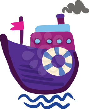 Drawing of a purple steam boat with pink flag with life preserver vector color drawing or illustration 