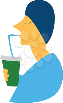 A boy wearing blue dress is taking sip of his cold coffee vector color drawing or illustration 