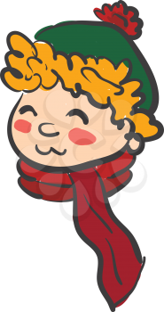 Face of a curly haired boy wearing green hat with pompom and red color scarf vector color drawing or illustration 