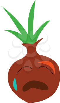 Tears are roiling out from ears of an onion with its stem vector color drawing or illustration 