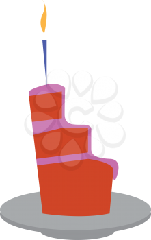 A piece of a three layer cake with burning candle on the top vector color drawing or illustration 