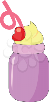 Vector illustration of a dessert in purple jar with a pink straw and red cherry white background 
