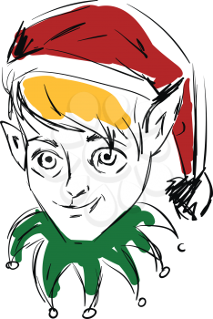 Simple sketch of an elf with red cap blonde hair and green collar vector illustration on white background 