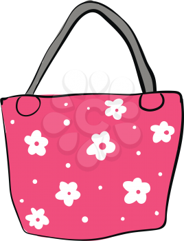 Pink bag with white flowers and grey handle vector illustration on white background 