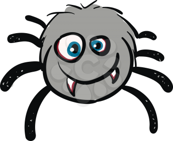 Funny smiling grey spider with bloody teeth vector illustration on white background 