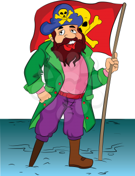 One-legged Bearded Pirate Holding a Flag, vector illustration