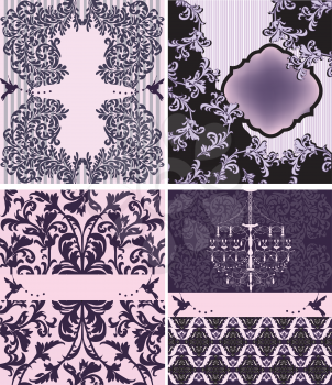 Set of four purple invitations with floral background 