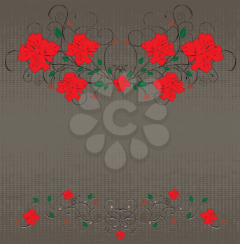 Vintage background with grunge elegant retro floral design, red flowers on gray. Vector illustration.