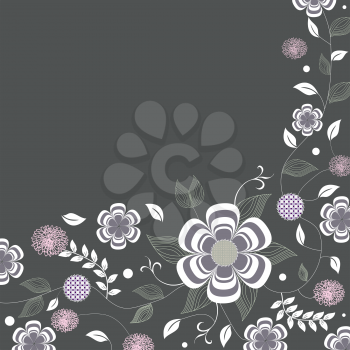 Vintage invitation card with elegant retro floral design, purple and pink flowers on gray. Vector illustration.