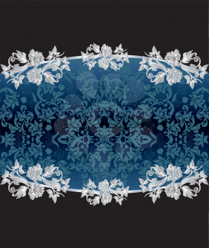 Vintage invitation card with ornate elegant floral design, white flowers on blue and black. Vector illustration.
