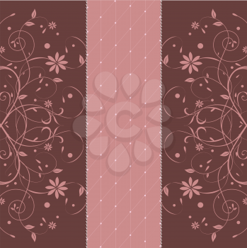 Vintage invitation card with elegant retro floral design, pink flowers on brown. Vector illustration.