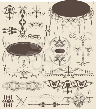 Vintage elements with ornate elegant abstract floral designs, brown on gray. Vector illustration.
