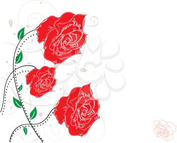 Vintage invitation card with elegant retro abstract floral design, red rose flowers on white. Vector illustration.