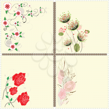 Set of four (4) vintage invitation cards with elegant retro abstract floral design, on yellow. Vector illustration.
