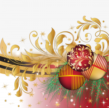 Vintage Christmas card with ornate elegant abstract floral design, red and gold with Christmas balls, ribbon, pine needles, stars and snowflakes. Vector illustration.