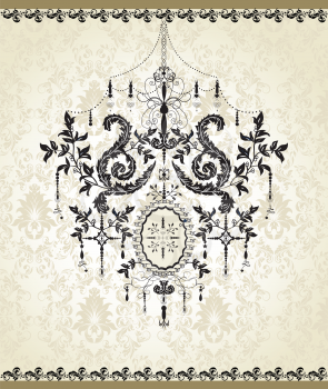 Vintage invitation card with ornate elegant abstract floral design, black on gray with chandelier. Vector illustration.