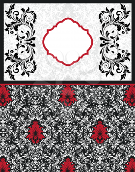 Vintage invitation card with ornate elegant abstract floral design, black white and red flowers with frame. Vector illustration.