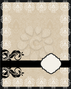 Vintage invitation card with ornate elegant abstract floral design, black and white flowers on tan background with ribbon. Vector illustration.