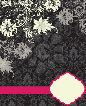 Vintage invitation card with ornate elegant abstract floral design, white and gray flowers on gray and black background with fuschia pink ribbon. Vector illustration.