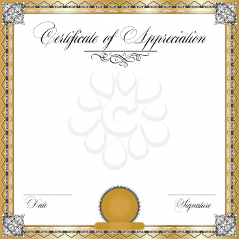 Vintage certificate of appreciation with ornate elegant retro abstract floral design, dark gray and white flowers and leaves on gold and white background with frame border. Vector illustration.