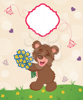 Vintage Valentine card with ornate elegant retro abstract design, cute brown teddy bear with boquet of flowers on beige background with bubbles hearts butterflies and text label over green field with yellow flowers. Vector illustration.
