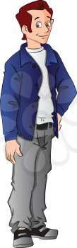 Vector illustration of stylish young man standing with hand on hip.