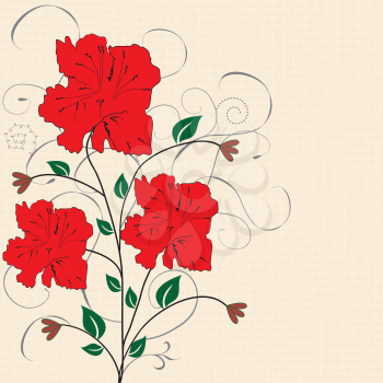 Vintage invitation card with elegant retro abstract floral design, red flowers on tan. Vector illustration.