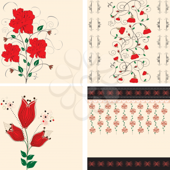 Set of four (4) vintage invitation cards with ornate elegant retro abstract floral designs, red flowers on tan. Vector illustration.