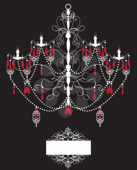 Vintage invitation card with ornate elegant abstract design, white and red chandelier on black. Vector illustration.