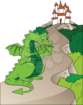 Vector illustration of flying dragon with arrow mark tail on path leading towards a castle.